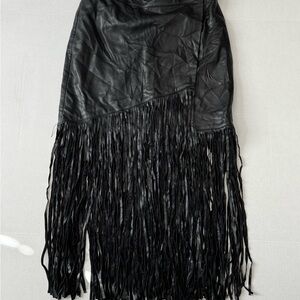 Context Lord and Taylor Faux Black Leather Midi Fringe Skirt Size 6